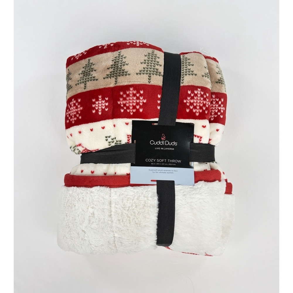 Cuddl Duds Holiday Red Truck Tree Throw Blanket Reversible Cream Red 50x60"